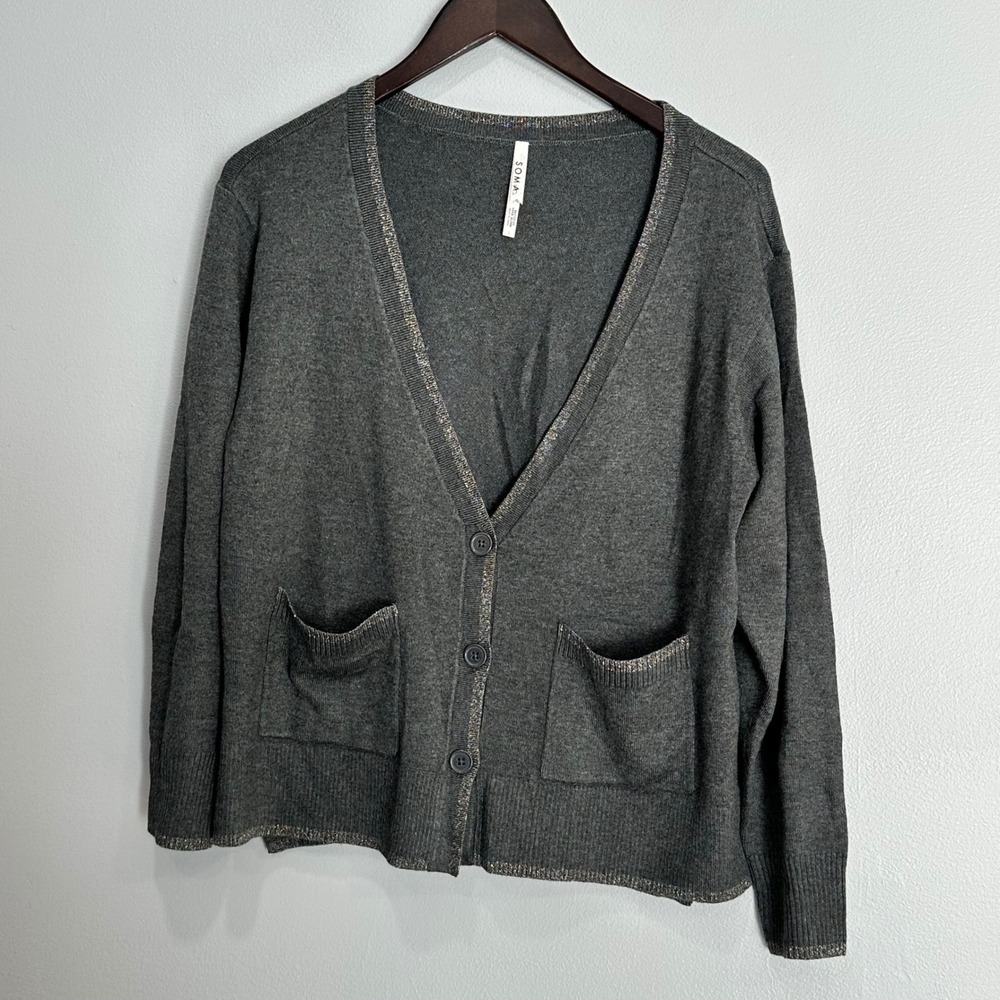 Soma Women's Gray‎ Knit Cardigan with Metallic trim soft cozy work career Size L